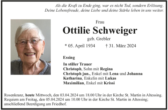 Traueranzeige von Ottilie Schweiger von Mittelbayerische Zeitung Kelheim