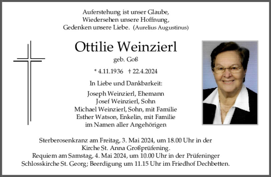 Traueranzeige von Ottilie Weinzierl von Mittelbayerische Zeitung Regensburg