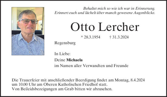Traueranzeige von Otto Lercher von Mittelbayerische Zeitung Regensburg und Schwandorf