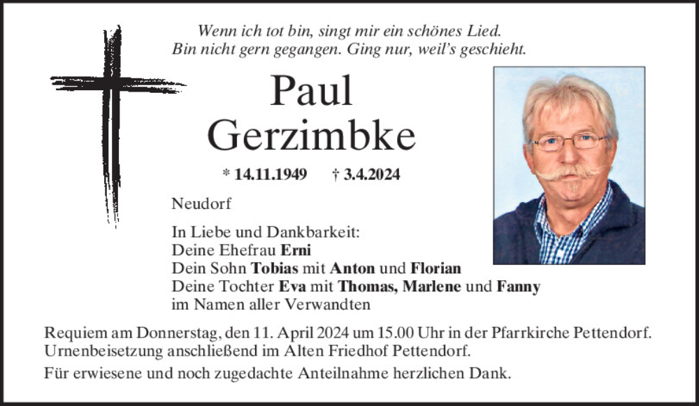  Traueranzeige für Paul Gerzimbke vom 06.04.2024 aus Mittelbayerische Zeitung Regensburg