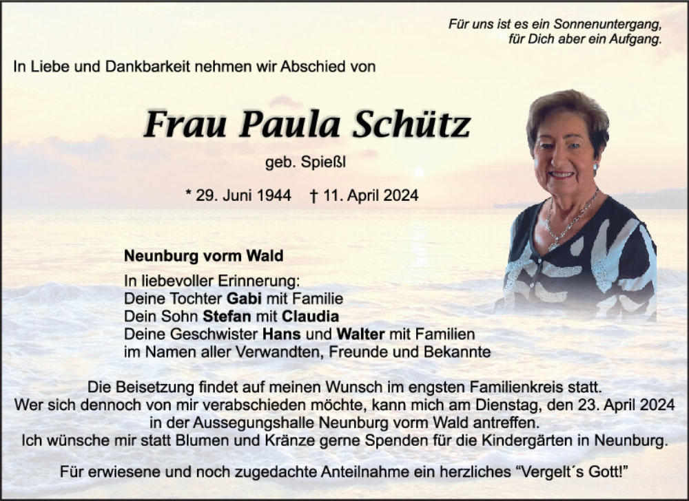 Traueranzeige für Paula Schütz vom 20.04.2024 aus Bayerwald Echo und Mittelbayerische Zeitung Schwandorf