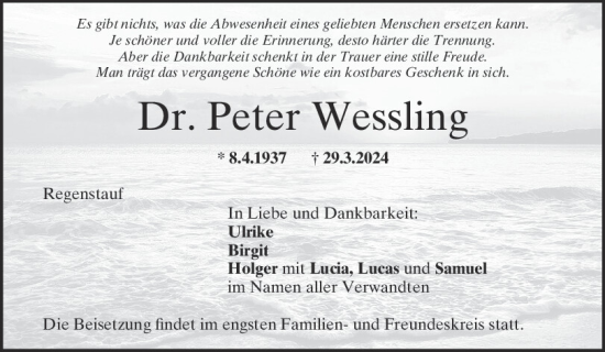 Traueranzeige von Peter Wessling von Mittelbayerische Zeitung Regensburg