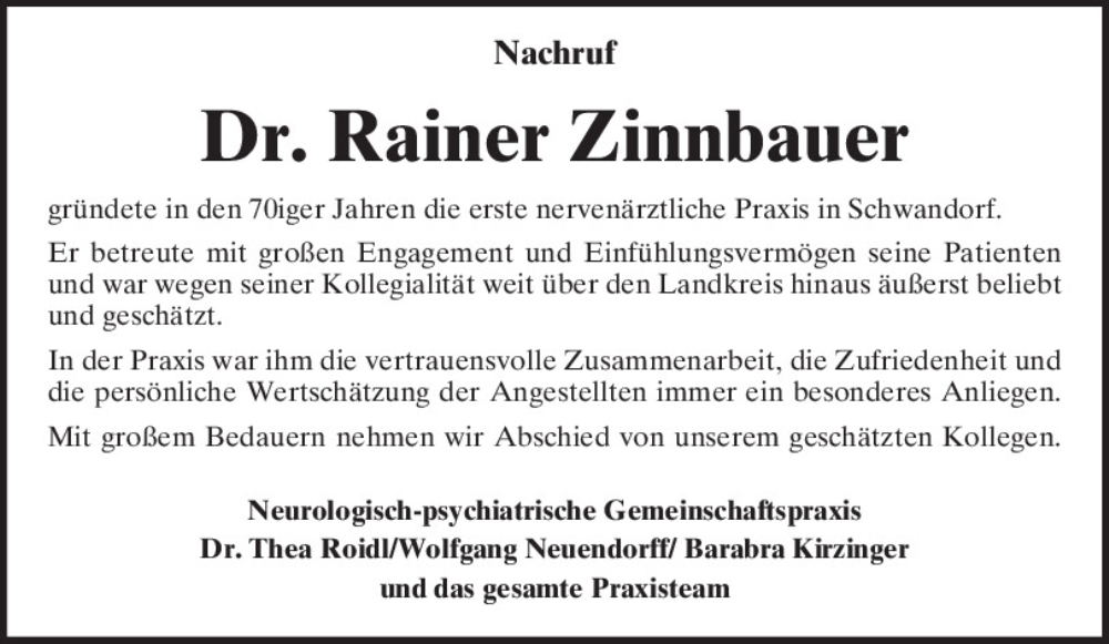  Traueranzeige für Rainer Zinnbauer vom 03.04.2024 aus Mittelbayerische Zeitung Schwandorf
