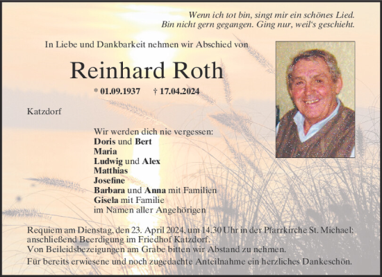 Traueranzeige von Reinhard Roth von Mittelbayerische Zeitung Schwandorf