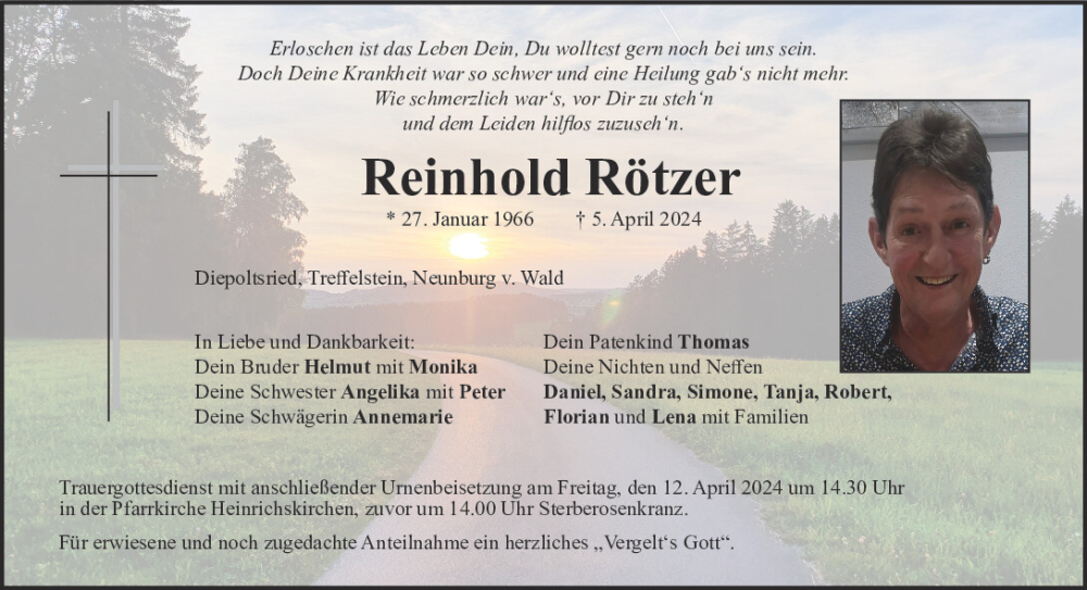  Traueranzeige für Reinhold Rötzer vom 10.04.2024 aus Bayerwald Echo
