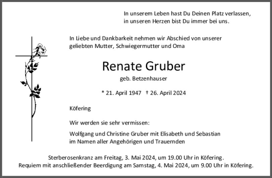 Traueranzeige von Renate Gruber von Mittelbayerische Zeitung Regensburg