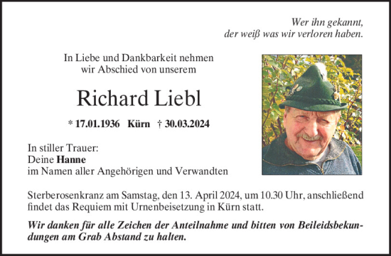 Traueranzeige von Richard Liebl von Mittelbayerische Zeitung Regensburg