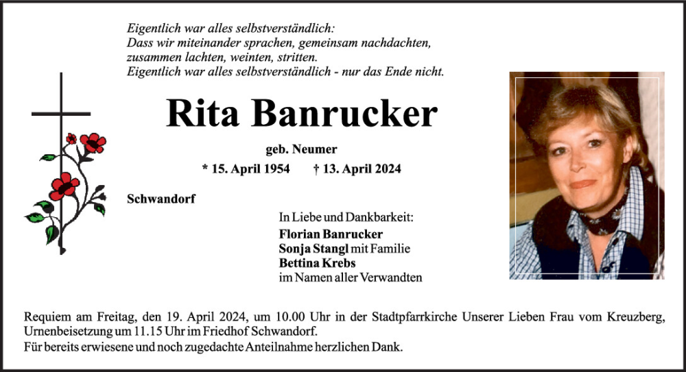  Traueranzeige für Rita Banrucker vom 17.04.2024 aus Mittelbayerische Zeitung Schwandorf