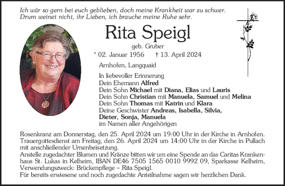  Traueranzeige für Rita Speigl vom 24.04.2024 aus Mittelbayerische Zeitung Kelheim