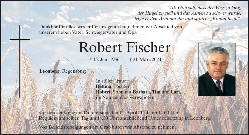  Traueranzeige für Robert Fischer vom 06.04.2024 aus Mittelbayerische Zeitung Schwandorf