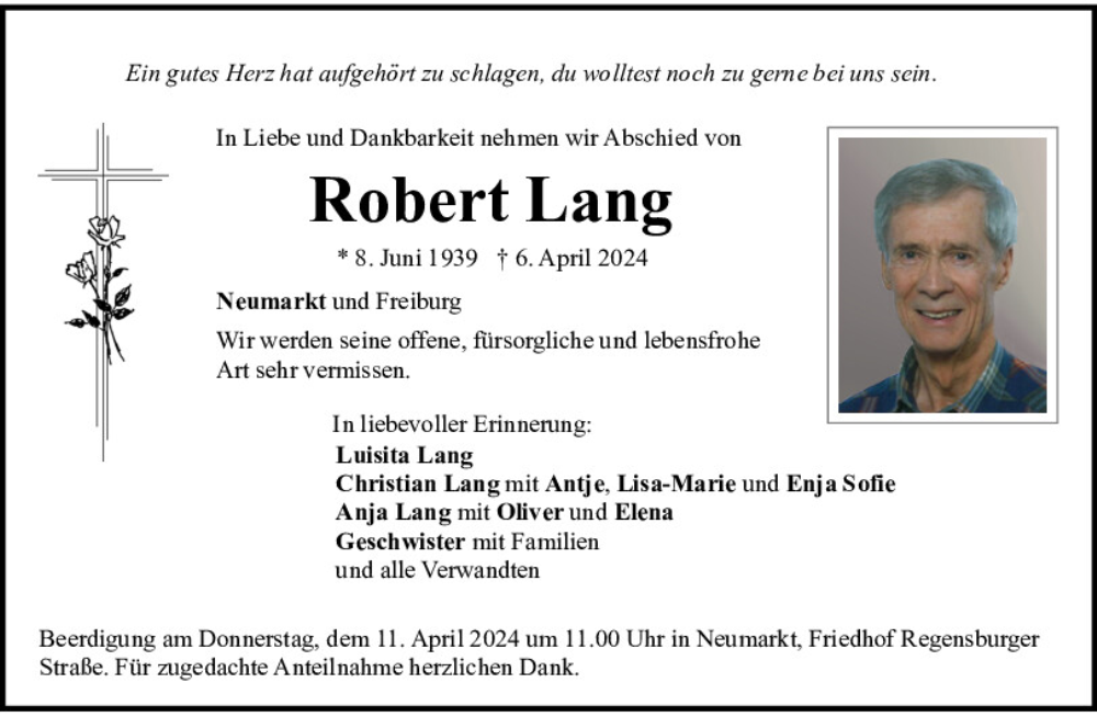  Traueranzeige für Robert Lang vom 09.04.2024 aus Neumarkter Tagblatt