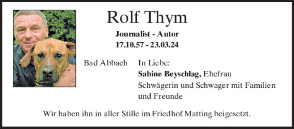  Traueranzeige für Rolf Thym vom 27.04.2024 aus Mittelbayerische Zeitung Regensburg