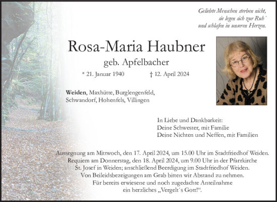 Traueranzeige von Rosa-Maria Haubner von Mittelbayerische Zeitung Schwandorf