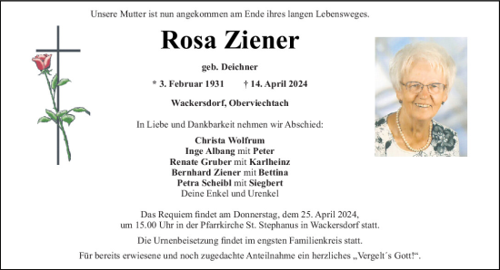 Traueranzeige von Rosa Ziener von Mittelbayerische Zeitung Schwandorf