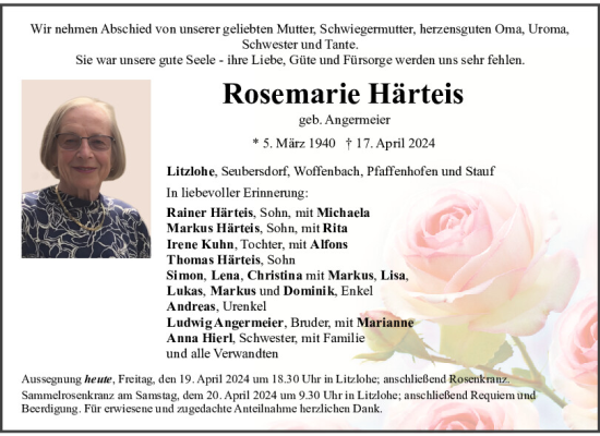 Traueranzeige von Rosemarie Härteis von Neumarkter Tagblatt