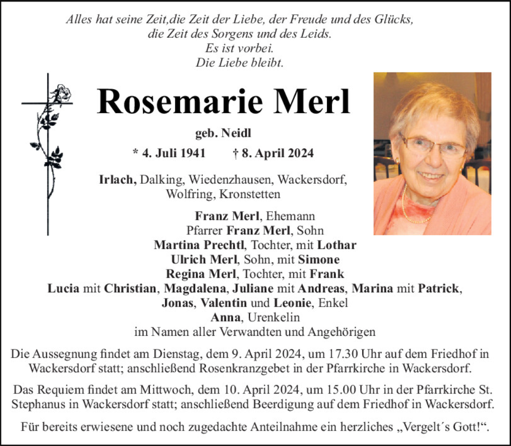  Traueranzeige für Rosemarie Merl vom 09.04.2024 aus Mittelbayerische Zeitung Schwandorf