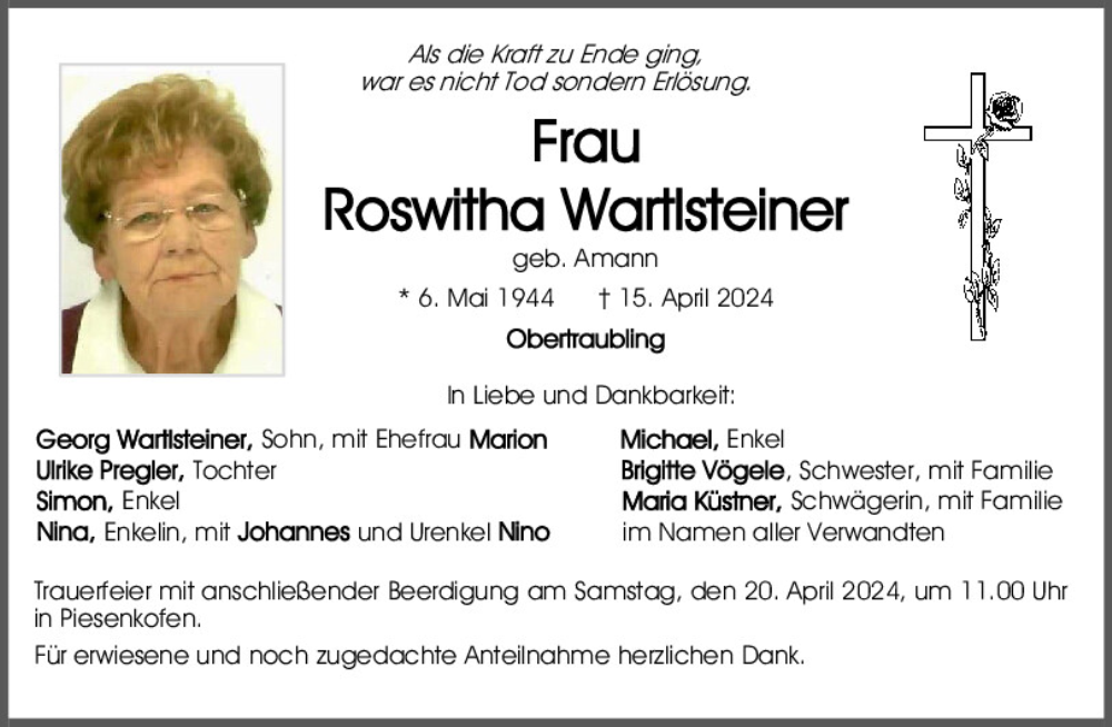  Traueranzeige für Roswitha Wartlsteiner vom 18.04.2024 aus Mittelbayerische Zeitung Regensburg