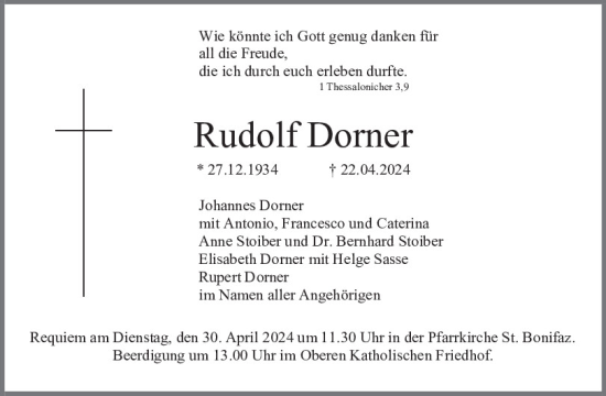 Traueranzeige von Rudolf Dorner von Mittelbayerische Zeitung Regensburg