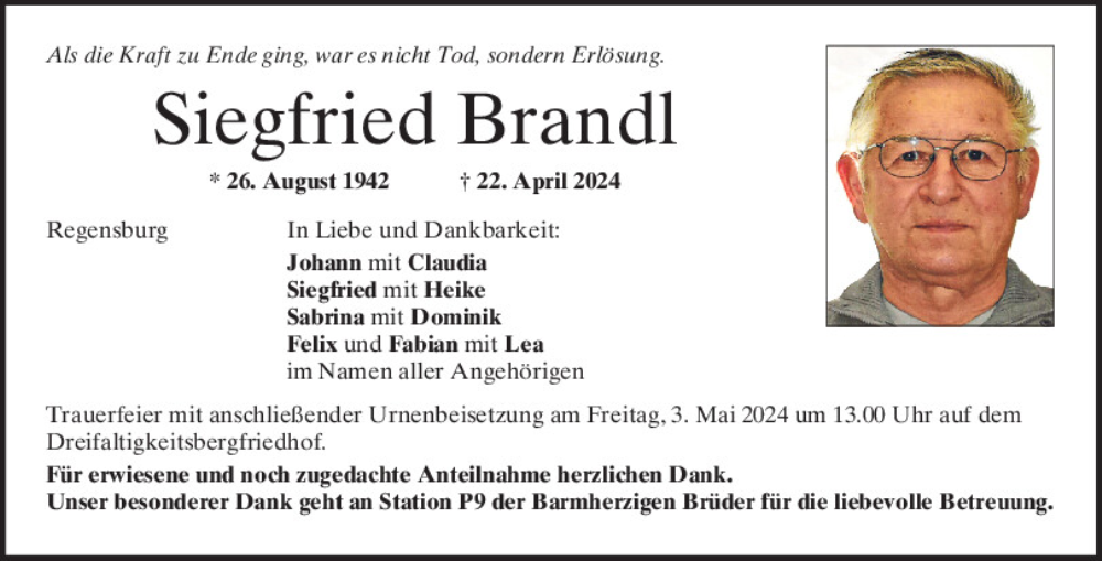  Traueranzeige für Siegfried Brandl vom 27.04.2024 aus Mittelbayerische Zeitung Regensburg