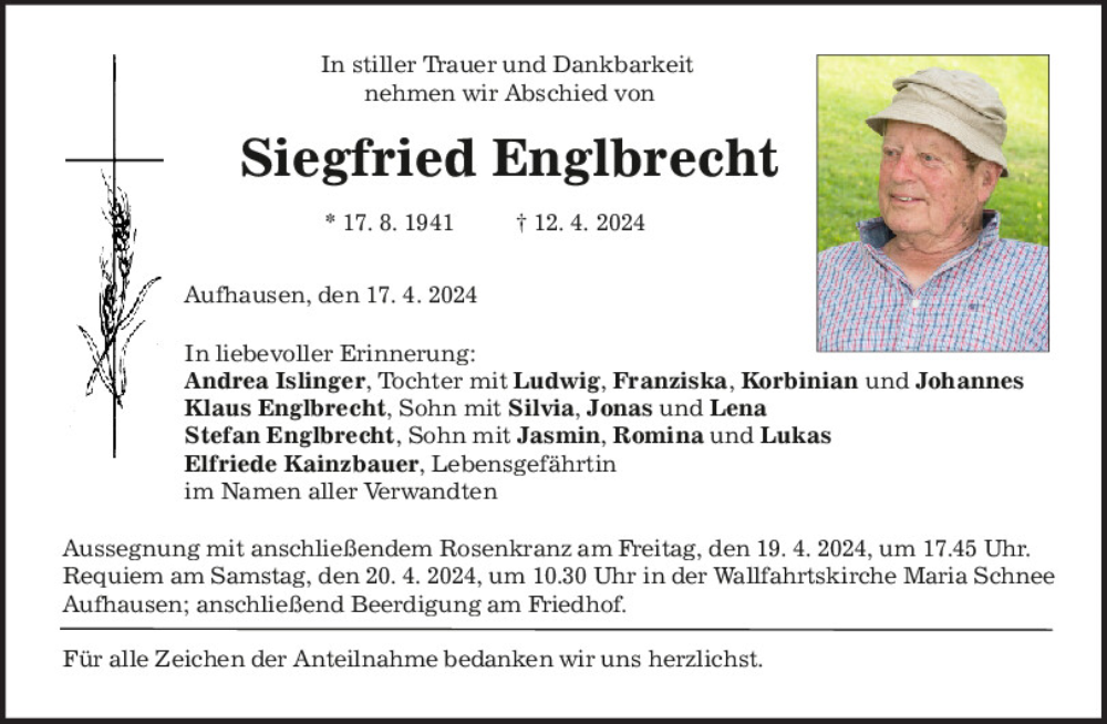  Traueranzeige für Siegfried Englbrecht vom 17.04.2024 aus Mittelbayerische Zeitung Regensburg
