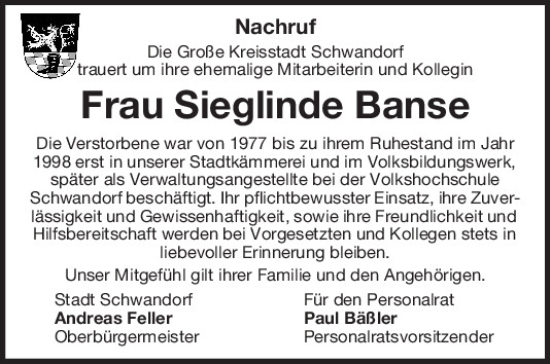 Traueranzeige von Sieglinde Banse von Mittelbayerische Zeitung Schwandorf