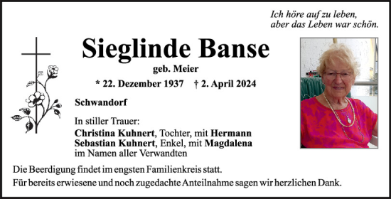 Traueranzeige von Sieglinde Banse von Mittelbayerische Zeitung Schwandorf