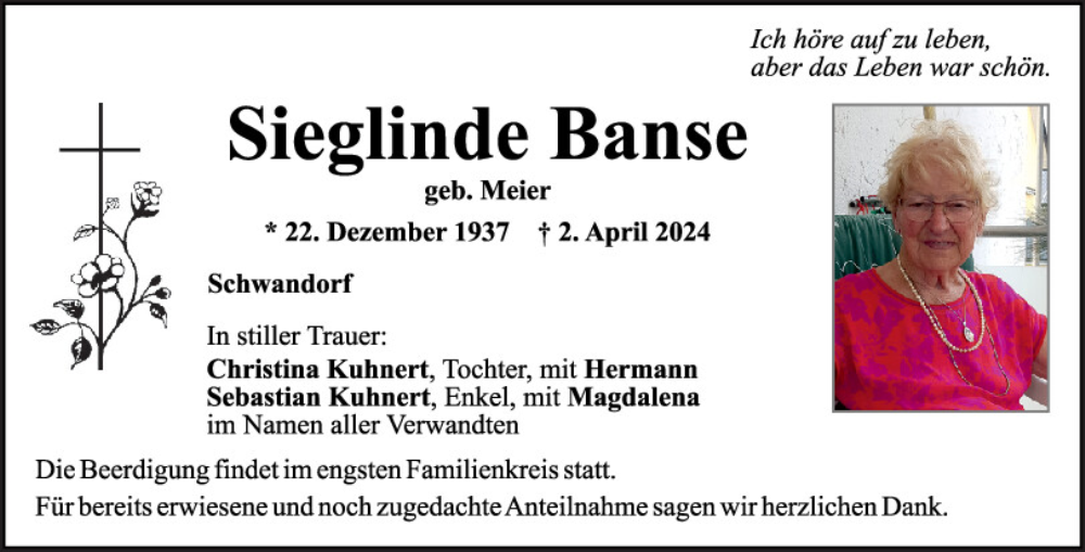  Traueranzeige für Sieglinde Banse vom 04.04.2024 aus Mittelbayerische Zeitung Schwandorf