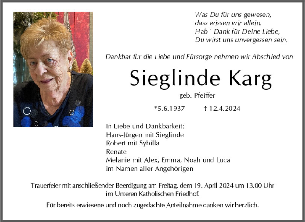 Traueranzeige für Sieglinde Karg vom 17.04.2024 aus Mittelbayerische Zeitung Regensburg