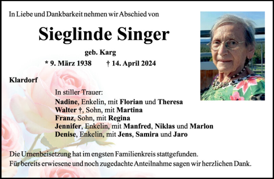 Traueranzeige von Sieglinde Singer von Mittelbayerische Zeitung Schwandorf