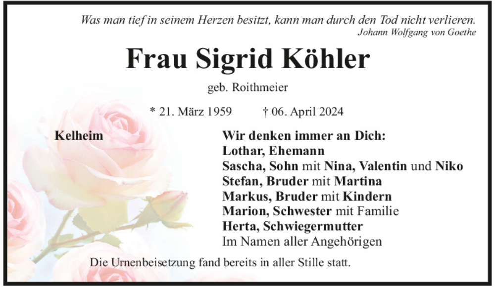  Traueranzeige für Sigrid Köhler vom 27.04.2024 aus Mittelbayerische Zeitung Kelheim