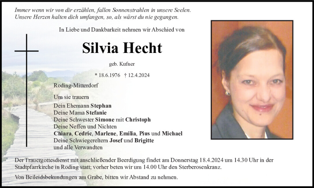  Traueranzeige für Silvia Hecht vom 16.04.2024 aus Bayerwald Echo