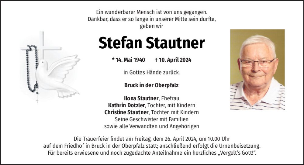  Traueranzeige für Stefan Stautner vom 20.04.2024 aus Mittelbayerische Zeitung Regensburg