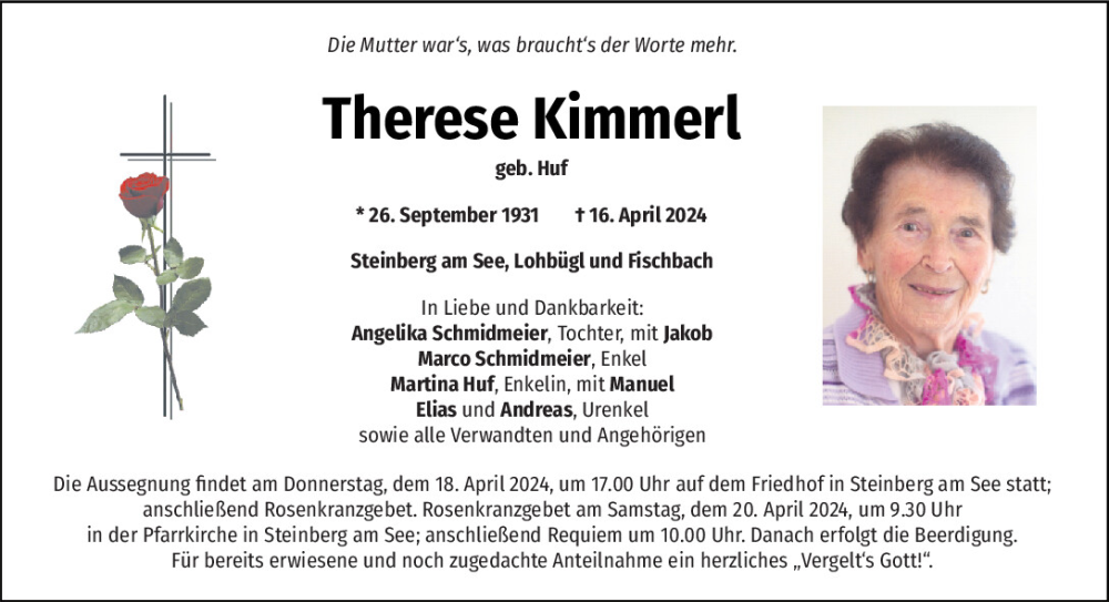  Traueranzeige für Therese Kimmerl vom 18.04.2024 aus Mittelbayerische Zeitung Schwandorf