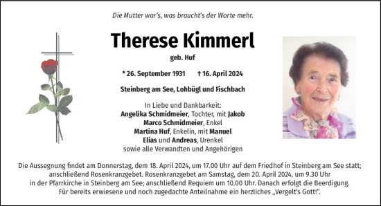 Traueranzeige von Therese Kimmerl von Mittelbayerische Zeitung Schwandorf