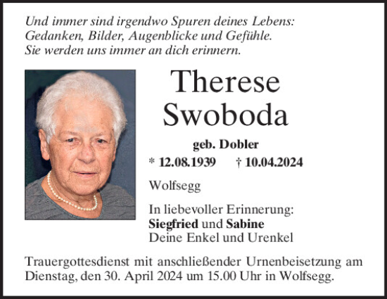 Traueranzeige von Therese Swoboda von Mittelbayerische Zeitung Regensburg