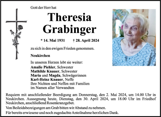Traueranzeige von Theresia Grabinger von Mittelbayerische Zeitung Schwandorf