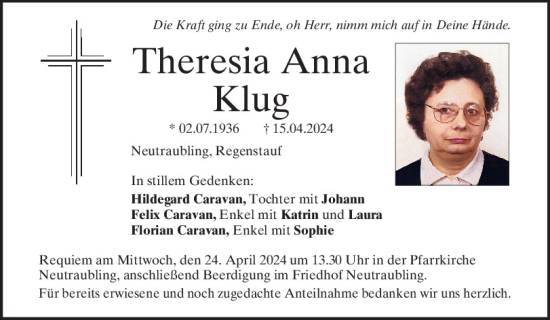 Traueranzeige von Theresia Anna Klug von Mittelbayerische Zeitung Regensburg