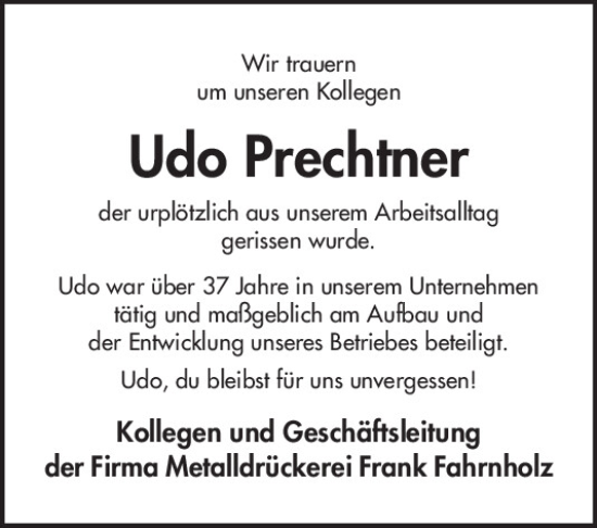 Traueranzeige von Udo Prechtner von Mittelbayerische Zeitung Regensburg