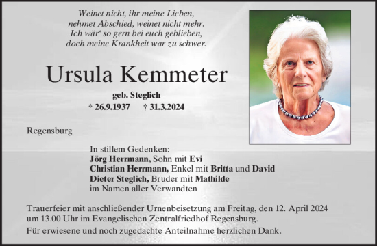 Traueranzeige von Ursula Kemmeter von Mittelbayerische Zeitung Regensburg