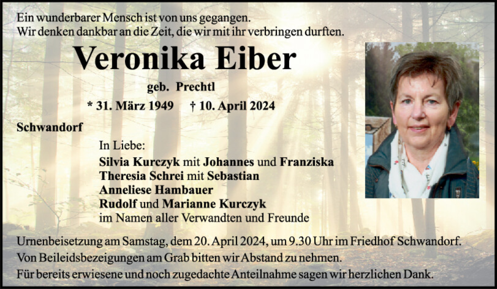  Traueranzeige für Veronika Eiber vom 16.04.2024 aus Mittelbayerische Zeitung Schwandorf