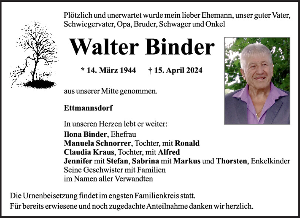  Traueranzeige für Walter Binder vom 20.04.2024 aus Mittelbayerische Zeitung Schwandorf