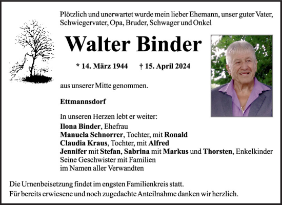 Traueranzeige von Walter Binder von Mittelbayerische Zeitung Schwandorf