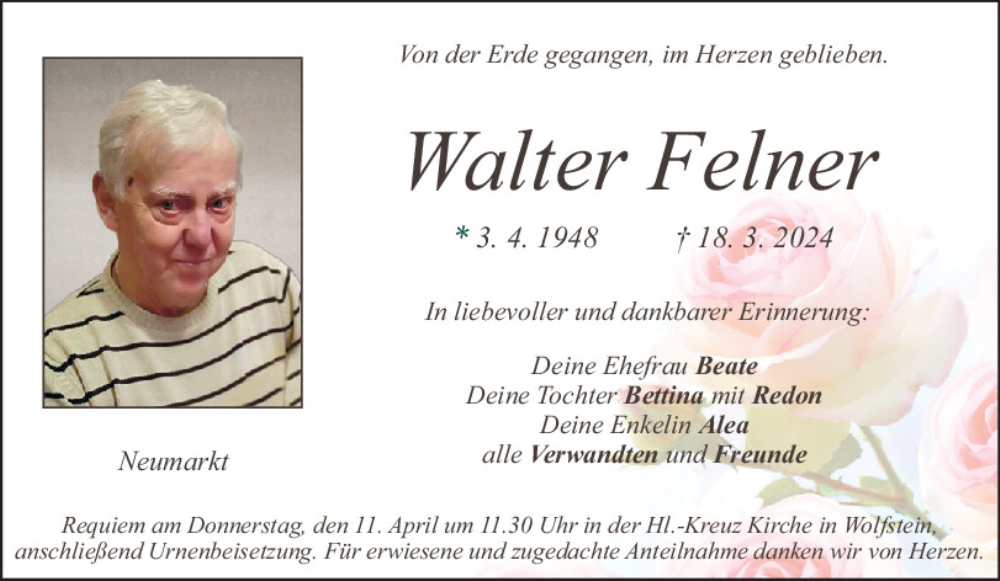  Traueranzeige für Walter Felner vom 06.04.2024 aus Neumarkter Tagblatt