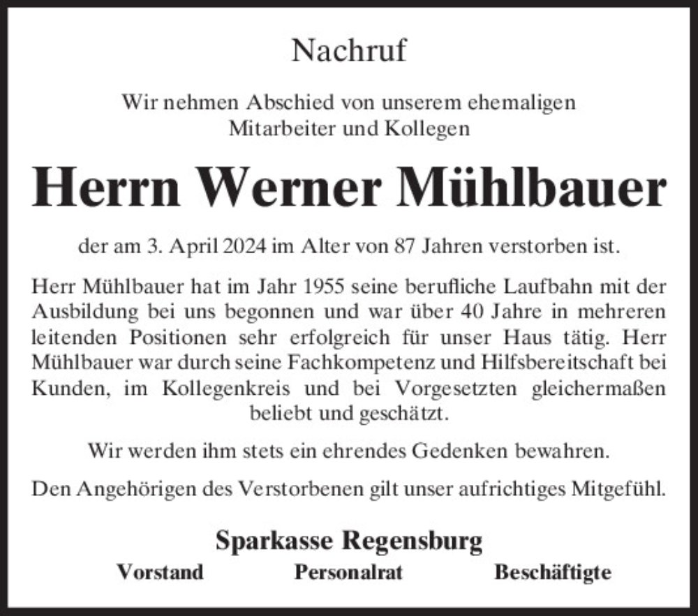  Traueranzeige für Werner Mühlbauer vom 11.04.2024 aus Mittelbayerische Zeitung Regensburg