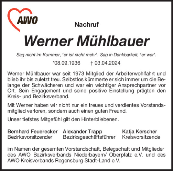 Traueranzeige von Werner Mühlbauer von Mittelbayerische Zeitung Regensburg