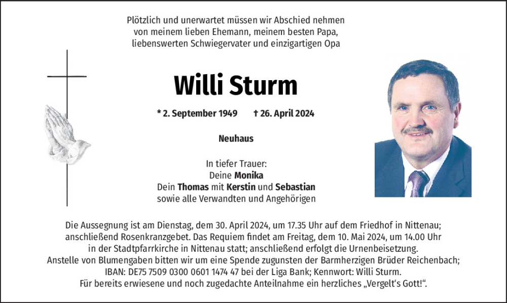  Traueranzeige für Willi Sturm vom 30.04.2024 aus Mittelbayerische Zeitung Regensburg