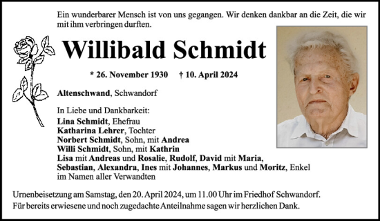 Traueranzeige von Willibald Schmidt von Mittelbayerische Zeitung Schwandorf