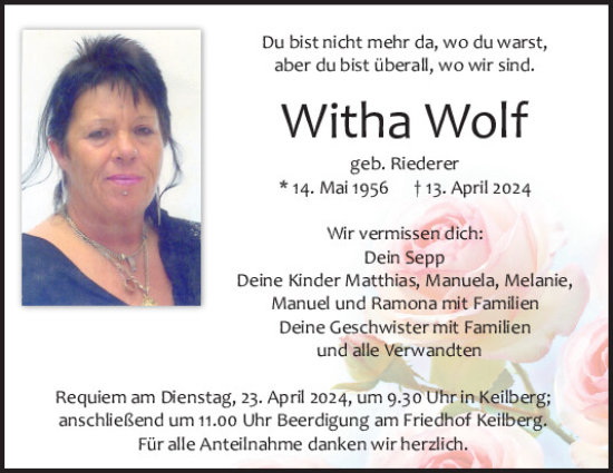 Traueranzeige von Witha Wolf von Mittelbayerische Zeitung Regensburg