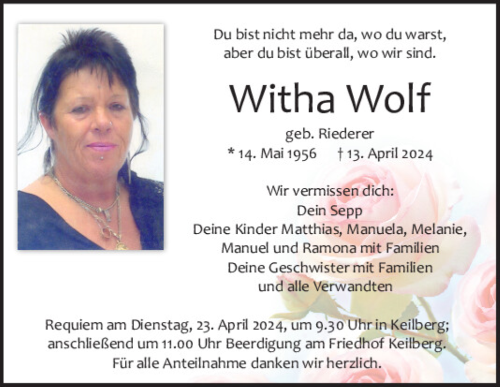  Traueranzeige für Witha Wolf vom 20.04.2024 aus Mittelbayerische Zeitung Regensburg