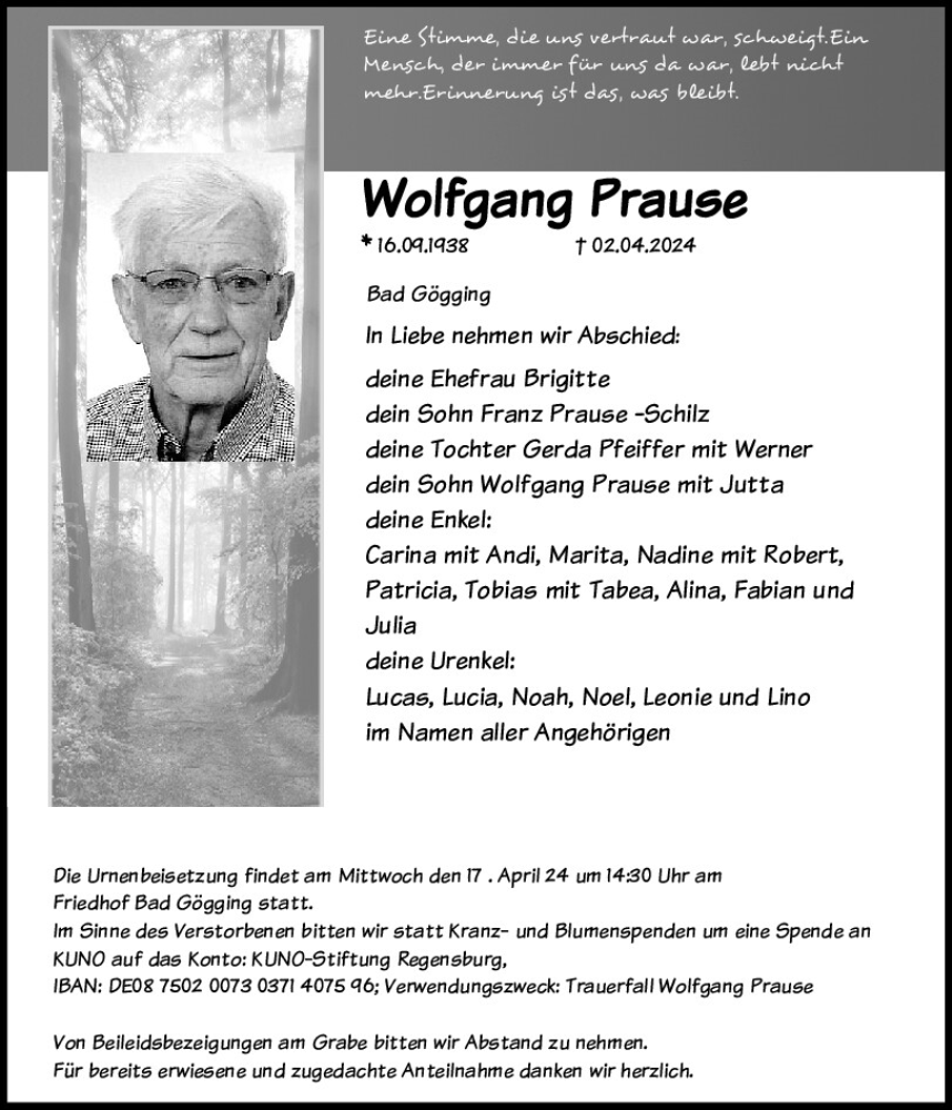  Traueranzeige für Wolfgang Prause vom 13.04.2024 aus Mittelbayerische Zeitung Kelheim